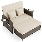 Tangkula Patio Rattan Daybed with 4-Level Adjustable Backrest, Outdoor PE Wicker Loveseat with Storage Ottoman & Folding Side Tray, Double Sunbed Lounger for Balcony, Backyard & Poolside