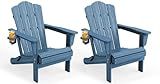 KINGYES Folding Adirondack Chair Set of 2, HDPE All-Weather Patio Chairs with Cup Holder, Wooden Textured Fire Pit Chairs for Poolside, Backyard, Deck, Navy