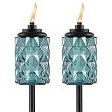 TIKI 2-Pack Topaz Blue Glass TIKI Torches – 65" Outdoor Decorative Torches for Patio, Backyard & Garden – Easy Install, Weather-Resistant with Long-Lasting Wick & Snuffer