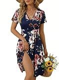 OUGES Casual Spring Summer Dress for Women 2026 Wrap V Neck A Line Midi Party Dresses with Pockets(FloralB,M)