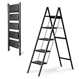 OOSOFITT 5-Step Folding Ladder, Heavy Duty Ladders for Home & Kitchen, Folding Ladder Easy to Store, Tall Ladder for Adults, Anti-Slip & Space-Saving Step Ladder, 330 Lbs Capacity