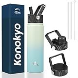 Konokyo 22oz Stainless Steel Bottles with 3 Lids Sport Insulated Water Bottle,Mint