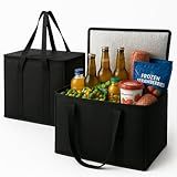 2-Pack, XL-Large Insulated Grocery Shopping Bags, Black, Reusable Bag,Thermal Zipper,Collapsible,Tote,Cooler,Food Transport hot and Cold,Camping, delivery Groceries Freezer