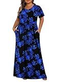 Womens Plus Size Maxi Dresses Summer 2025 Casual Short Sleeve with Pockets Long Dress Black Blue Leaves 3X