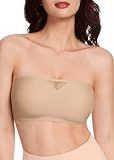 HBselect Strapless Bras for Women Seamless Non-Slip Silicone Padded Bandeau Bra Comfort Wireless Tube Top Bralette Beige