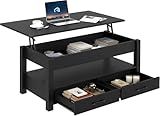 Rolanstar Coffee Table, Lift Top Coffee Table with Drawers and Hidden Compartment, Retro Central Table with Wooden Lift Tabletop, for Living Room, Black