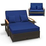 LDAILY Moccha Outdoor Wicker Daybed, Patio Rattan Loveseat Sofa w/ 4-Level Adjustable Backrest, Folding Panels, Storage Ottoman & Cushions, Lounge Furniture Set for Poolside Backyard Porch (Navy)