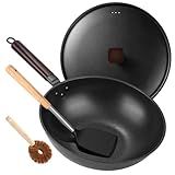 Teewe Carbon Steel Wok Pan - 13" Wok Pan with Lid, Woks & Stir-Fry Pans Nonstick with Spatula & Brush, Chinese Wok Flat Bottom Wok for Induction, Electric, Gas, All Stoves