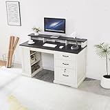 Zethvax 55”Farmhouse Executive Desk with Side Bookshelf, Home Office Desk with Monitor Stand, 2 Drawers & Lockable File Cabinet,Rustic Computer Desk with Built-in Power Outlet (55")