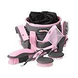 Weaver Equine Horse Grooming Kit, 7-Piece Horse Brush Set with Organizer Tote Bag, Hoof Pick, Comb, Sweat Scraper, Equine Tools for Daily Grooming, Gray/Pink