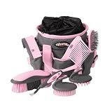 Weaver Equine Horse Grooming Kit, 7-Piece Horse Brush Set with Organizer Tote Bag, Hoof Pick, Comb, Sweat Scraper, Equine Tools for Daily Grooming, Gray/Pink