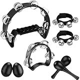 8 Pcs Tambourines for Adults Metal Jingles Hand Held Percussion Half Moon Tambourine, 4 Bells Tambourine, Wrist Bells, Egg Shakers, Sand Hammer, Hand Percussion Instrument Set for Party, KTV, Church