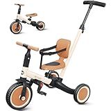 newyoo Toddler Tricycle with Push Handle for 1-3 Year Old, Toddler Bike, Birthday Gift and Toy for Boys and Girls, 5 in 1 Kids Trike, Balance Bike with Backrest and Safety Belt, Khaki, TR007