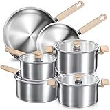 CAROTE 10 Pcs Stainless Steel Cookware Set, Stainless Steel Pots and Pans Set with Tempered Glass Lids, Induction Kitchen Cookware Sets with Stay-Cool Handles,Includes Stockpot, Silver