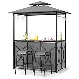 Tangkula 3-Piece Patio Bar Set, Grill Gazebo & 2 Bar Stools with Tempered Glass Bar Table, Metal Storage Shelves, Glass Holders, Double-Tier Soft Top Canopy BBQ Gazebo Shelter for Patio Garden (Grey)