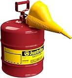 Justrite 5 Gallon Type I Red Safety Gas Can for Gasoline with Flame Arrester, Self-Closing Lid, and Funnel, Made in the USA, Galvanized Steel Flammable Storage Can, 7150110