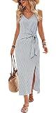 OFEEFAN Formal Dresses for Women Flowy Summer Maxi Dresses for Women Vacation Beach Midi Dress Business Casual Outfits Vestidos Casuales para Mujer Striped Navy Blue L