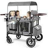 Kinder King Wagon Stroller for 4 Kids, All-Terrain Foldable Outdoor Stroller Wagon 4 Seater, Removable Canopy, Adjustable Handle, Shock-Absorbing Wheel, Detachable Tray, Large Storage, Grey