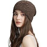 Hshsclth 100% Cotton Crochet Beanie Hat Handmade Knit Slouchy Floral Skull Hat Knitted Hollow-Out Summer hat for Women (US, Alpha, One Size, Coffee Brown)
