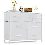 7-Drawer Dresser for Bedroom, Anti-Tip Wide Storage Organizer Fabric Chest of Drawers TV Stand for 45" TV with Wooden Top and Metal Frame for Closet, Living Room, Hallway, Entryway, White
