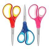 LIVINGO 7" Student Scissors, Sharp Stainless Steel Pointed Tip Blades Shears for Middle School Kids Crafting Project, Comfort Right/Left-handed, Assorted Color, 3 Pack