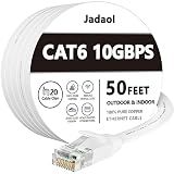 Jadaol Cat6 Ethernet Cable 50FT with Clips 10Gbps Flat Network Cable, White