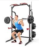SunHome Power Cage Squat Rack, Multi-Functional Power Rack with J-Hooks, Dip Handles, Weight Plate and Olympic Bar Storage Home Gym