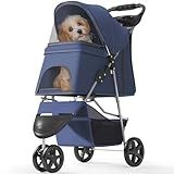 OS MOTOR Pet Stroller with 3 Wheels for Small/Medium Pets, Portable Travel Foldable Carrier Jogger for Dog Cat Puppy Kitty, Rear Wheel Breaks, Storage Basket, Visible Mesh Weather Cover (Navy Blue)