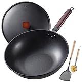 Teewe Carbon Steel Wok -13 Inch Woks & Stir-fry Pans Nonstick, Wok Pan with Lid Spatula and Dish Brush: Pre-Seasoned Flat Bottom Chinese Woks for Induction, Electric, Gas, All Stoves