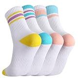 scenicamp 4 Pairs Pilates Crew Socks for Women,Cute Non Slip Striped Yoga Sock with Grip for Barre,Dance,Workout,Fitness and Hopstipal