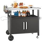 Kendane Grill Cart Table with Big Storage Cabinet, Movable Outdoor Dining Cart Pizza Oven Stand, Kitchen Cart Island Multifunction Food Prep Table Stainless Steel Surface