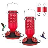 FEED GARDEN Glass Hummingbird Feeder for Outdoors Hanging, 16 oz Leak-Proof Nectar Feeder with Bee Guards & Ant Moat, 4 Metal Flower Feeding Ports, 360° Perch Ring, Easy Refill & Clean, Red