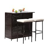 PayLessHere Rattan Bar Set 3Pcs Patio Wicker Bistro Set Sturdy Frame Bar Height Table with Glass Table Top Storage Shelves 2 Bar Stools for Patio Poolside Porch Outdoor Indoor, Khaki (Khaki)