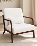 Garvee Mid-Century Chenille Accent Chair, Cozy Reading Chair, Modern Lounge Armchair with Lumbar Pillow, Solid Wood Frame, for Living Room, Bedroom, Office, Beige