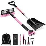 Best Choice Products 4 in 1 Snow Brush with Shovel, Squeegee & Ice Scraper, Up to 39" Extendable Foam Grip, 270° Pivoting Snow Brush for Car Truck SUV, Storage Bag Included - Pink