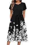 Zeagoo Short Sleeve Dress for Womens Summer Knitted Midi Dress Crewneck Summer Flowy Dress Beach Sun Dress Flower Tunic Dress with Pockets M