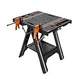 Worx Pegasus 2-in-1 Folding Work Table & Sawhorse, Easy Setup Portable Workbench, 31" W x 25" D x 32" H Lightweight Worktable with Heavy-Duty Load Capacity, WX051 - Includes 2 Clamps & 4 Clamp Dogs
