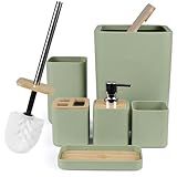 CERBIOR Bathroom Accessories Set 6 Piece Bamboo Bath Ensemble Includes Soap Dispenser, Toothbrush Holder, Toothbrush Cup, Soap Dish for Decorative Countertop and Housewarming Gift (Green)