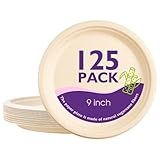 PACKINNO 9 Inch 125 Pack Compostable Paper Plates, Biodegradable Heavy Duty Disposable Plates, Round Unbleached Brown Plates Made from Natural Sugarcane Fibers, for Party, Camping, Picnic