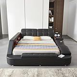 Gahowlen Multifunction Smart King Bed Frame, Luxury Upholstered Platform with Massage Recliner on Right/Speaker/USB Port/Storage Drawers, Adjustable Leather Headboard, Black