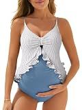Summer Mae Maternity Swimsuit One Piece Ruffle Blue Stripe Large