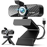 Webcam Full HD 1080P with Built-in Microphone and Rotatable Tripod, Carbon Fiber Board and Privacy Cover, Auto Light Correction, Adjustable FOV, Plug&Play for Zoom/Skype/Facetime/YouTube, Laptop/PC
