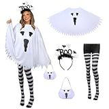 KUIRAN 4 PCS Halloween Costume Set for Women Adult Ghost Costume, Ghost Poncho, Candy bag Headband and Nylon Striped Tights for Halloween Cosplay Party