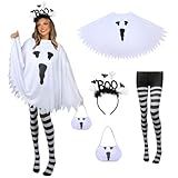 KUIRAN 4 PCS Halloween Costume Set for Women Adult Ghost Costume, Ghost Costume Poncho, Candy bag, Ghost Headband and Nylon Striped Tights for Halloween Cosplay Party