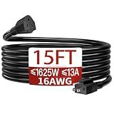 Skrizcable 16/3 15 FT Outdoor Extension Cord Waterproof, Black Power Cord