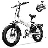 1000W Folding Electric Bike, 48V 20AH Large Removable Battery E Bike, 30+MPH, 80 Miles Max Range, 20" Fat Tire Electric Bicycle for Adults, Adult Electric Bicycles for Commute Beach Snow,Matte White