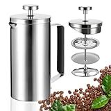 WORBIC Samll French Press Coffee Maker 21OZ, Stainless Steel 600ml Coffee Press with Black Handle for Personal, Office, Travel,Camping (Sanding Silver, 1-3 Cups)