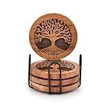 Kimona Coasters Set of 4 Handmade Round Wooden Tree of Life Coasters for Drinks with Iron Holder for Any Table Type for Bar Kitchen Home Apartment (4" x 4" x 0.5")