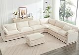 ROWHY 150'' Modular Sectional Cloud Couch, 7 Seater Corner Sofa Big Comfy Corduroy V Shaped Couch with 4 Throw Pillows, Convertible Chaise, Ottoman, Couches for Living Room Office Beige