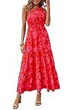 PRETTYGARDEN Women's Summer Floral Maxi Dress Knot One Shoulder Sleeveless Ruffle Flowy Boho Beach Wedding Guest Dresses (Red Floral,Medium)